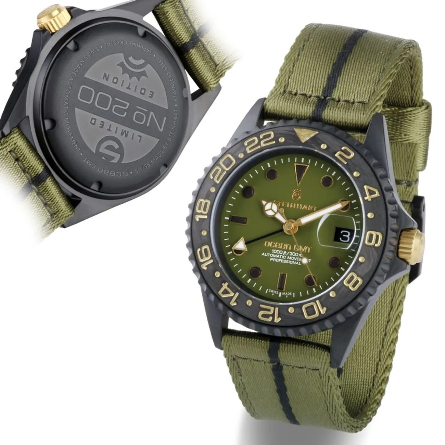 Steinhart Watches Ocean 39 Gmt Black Military Khaki Diver Watch