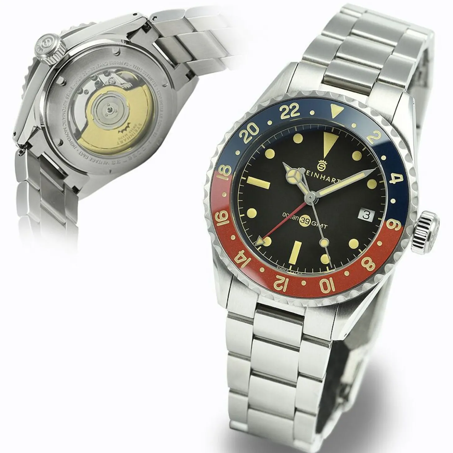 Steinhart Watches Ocean 39 Vintage Gmt Premium Blue-Red Ceramic Diver Watch