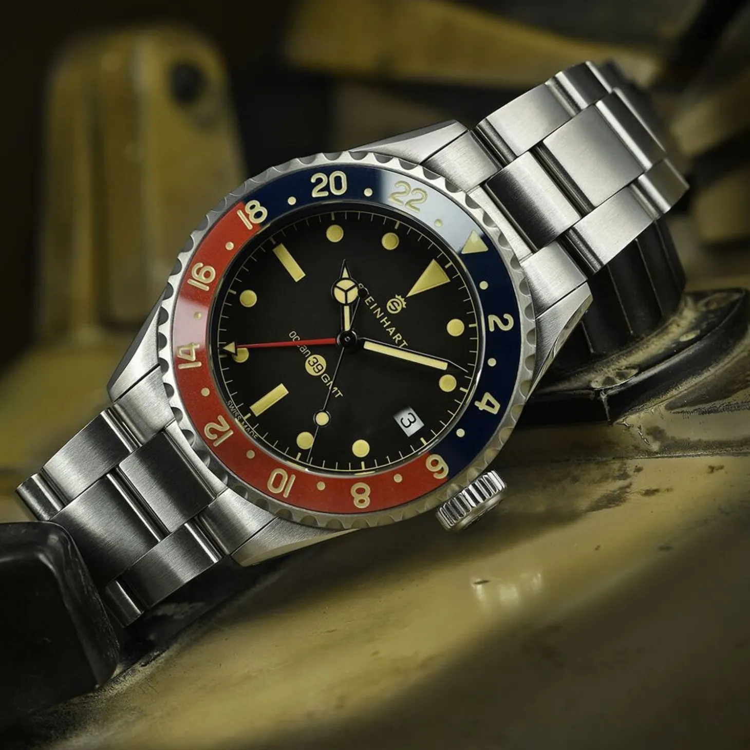 Steinhart Watches Ocean 39 Vintage Gmt Premium Blue-Red Ceramic Diver Watch